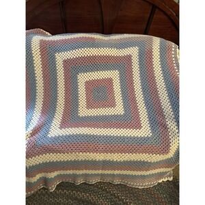 Granny Hand Crocheted Clean Afghan/Throw Pink Blue 50 x 70